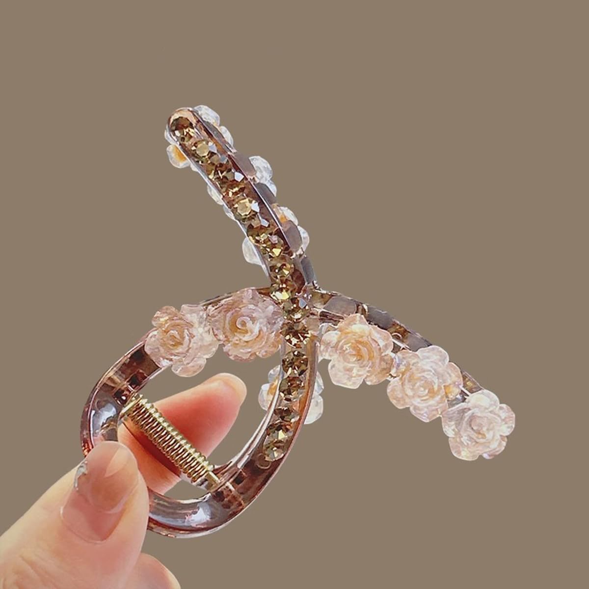 S.A.V.I Beige Resin Flower Hair Claw Clip for Women (8 cm) | Rhinestone Floral Design, Durable Acrylic Curved Clutch, Strong Grip Hair Accessory for Bun, Updo & Daily Styling