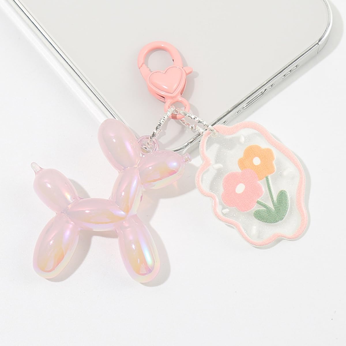 S.A.V.I Cute Balloon Dog Keychain Resin Bag Charm Pink Floral Pendant, Aurora Finish, 5.2 cm Lightweight Accessory with Heart Clasp, Durable Decorative Gift for Women, Girls, Handbags & Keys