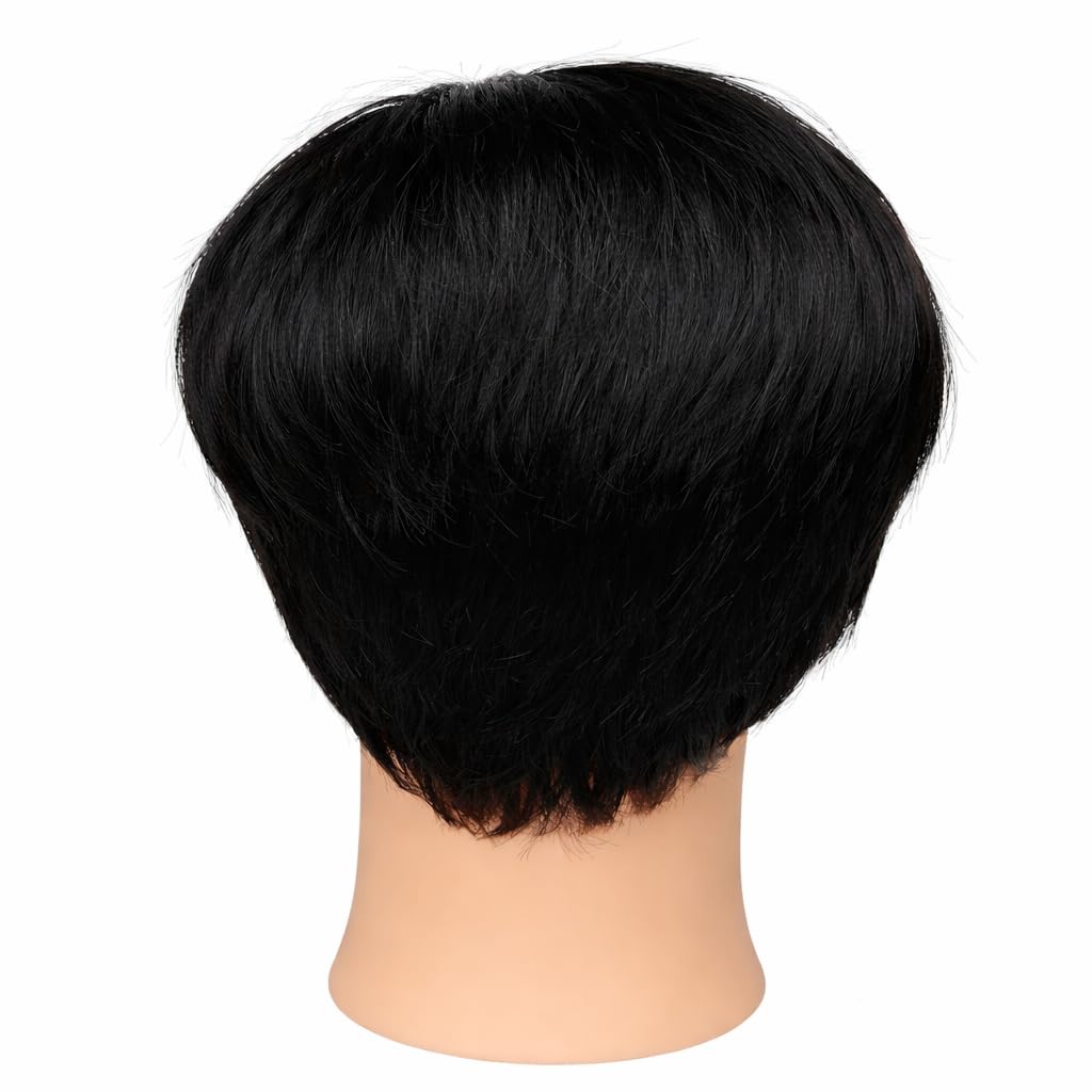 S.A.V.I 100% Human Hair Short Pixie Cut Wig for Men | Natural Black Straight Layered Boy Cut Style | Soft Lightweight Breathable Cap | Real Hair Full Head Wig | Realistic Scalp Effect