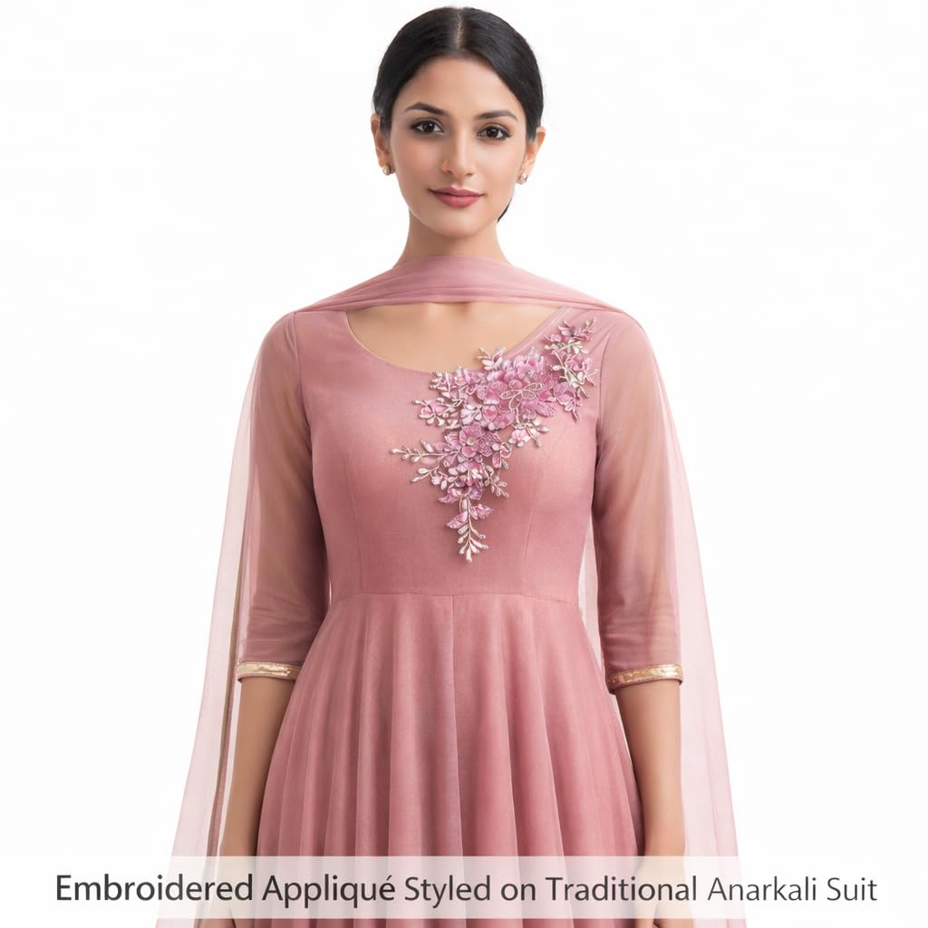 S.A.V.I Rose Pink Floral Sequin Embroidered Sew-On Appliqué Patch, 25 x 29 cm, Net Fabric 3D Flower Design for Blouse, Saree, Lehenga & Anarkali Dress Decoration (Rose)