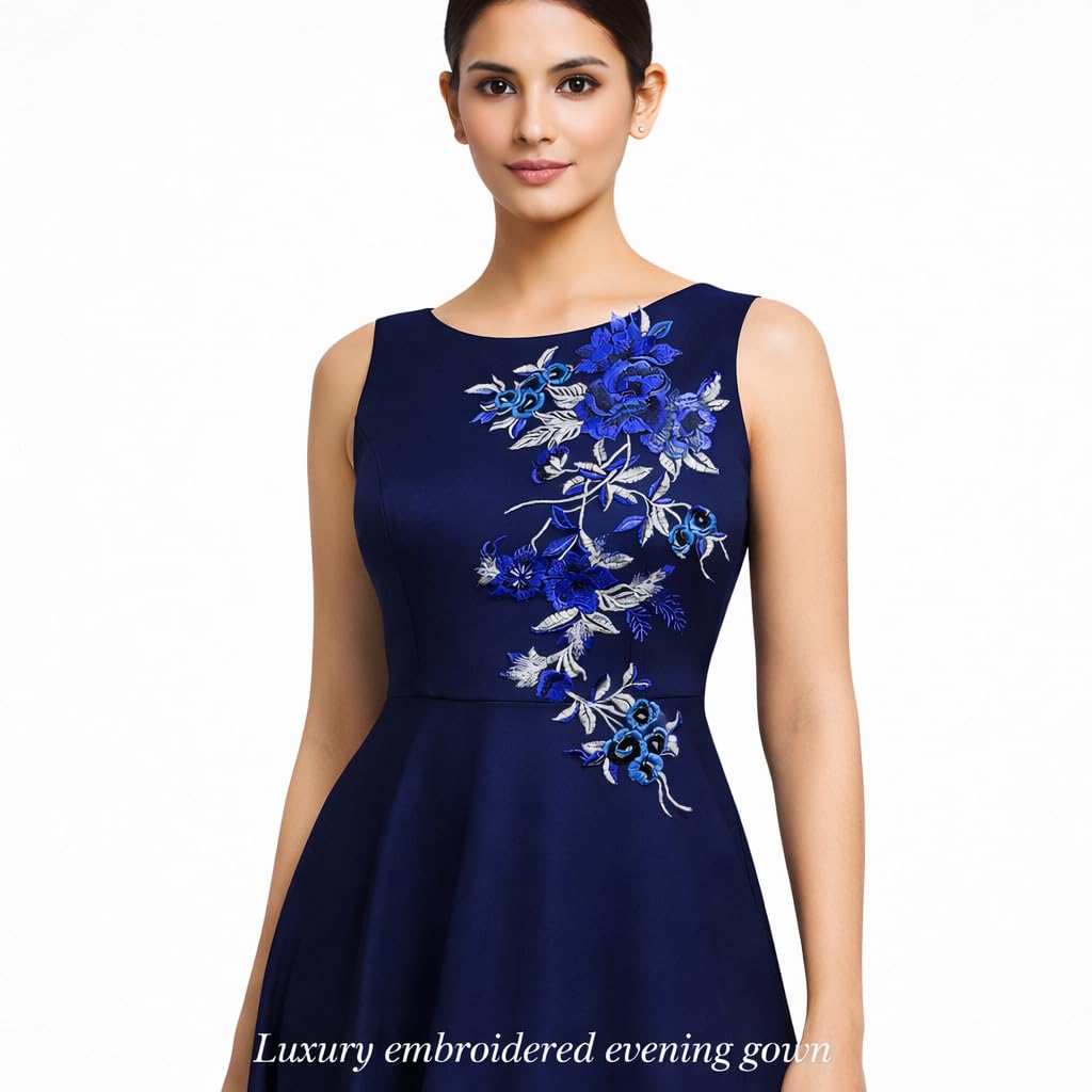 S.A.V.I Royal Blue Floral Lace Applique Patch 21 x 50 cm | Net Fabric Rose Design | Sew-On Embellishment for Saree, Gown, Lehenga & Blouse (Royal Blue)