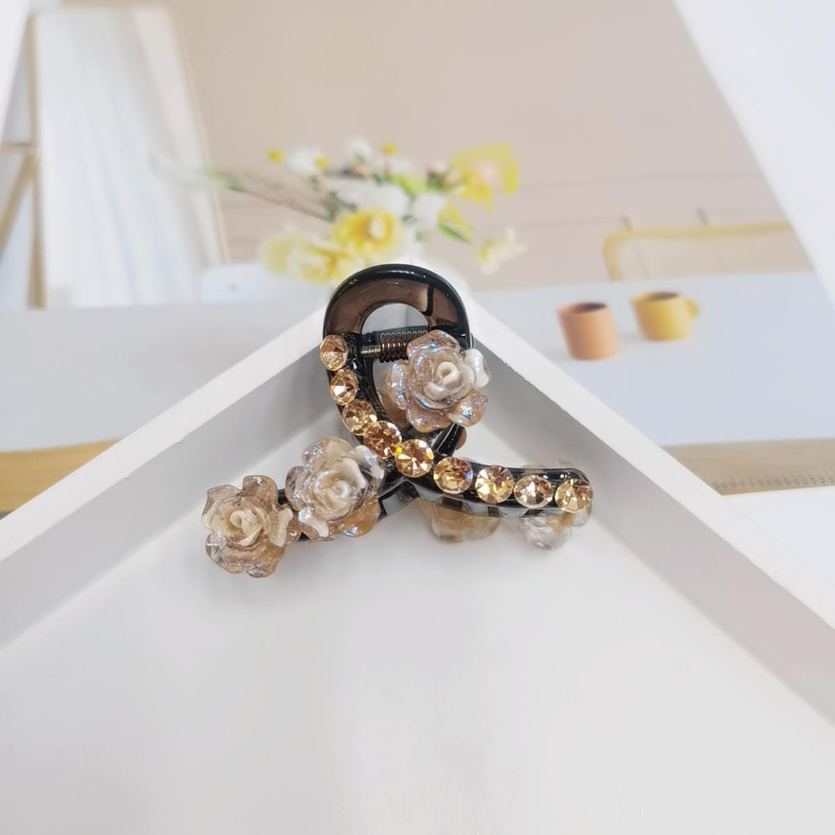 S.A.V.I Mini Brown Hair Claw Clip for Women & Girls – Small Rose Flower Crystal Design – Elegant Decorative Hair Accessory – Stylish Strong Grip Hair Holder for Daily Use & Party