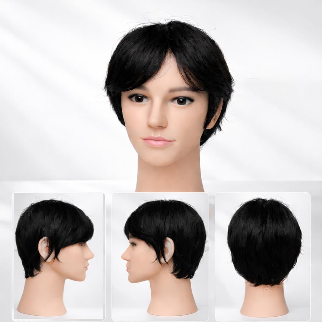 S.A.V.I Men’s Black Korean Style Wig, Natural Straight Synthetic Hair, Lightweight Adjustable Breathable Cap, Realistic Layered Boy Cut for Daily & Easy Styling