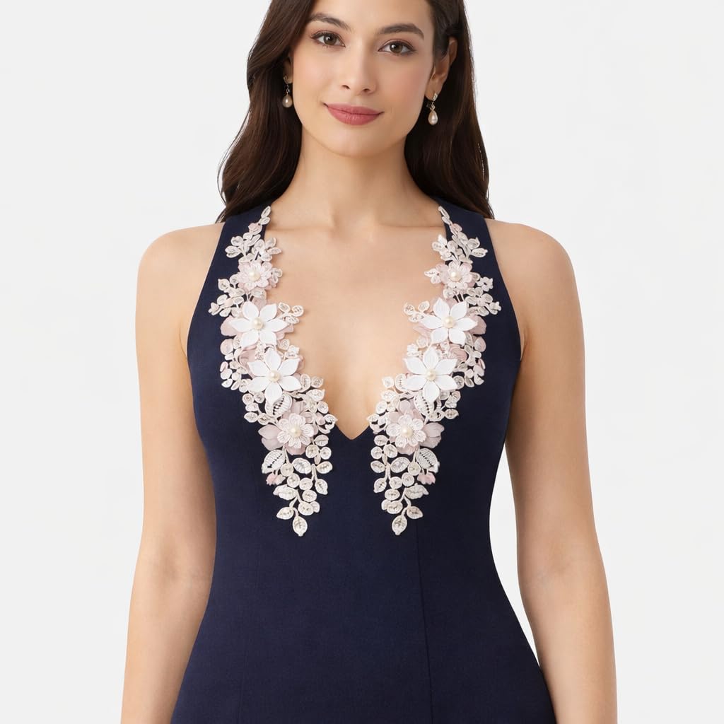 S.A.V.I Luxury Blush Pink Floral Embroidered Applique Pair 12x30 cm | 3D Lace Pearl Beaded Net Fabric Neckline Motif for Women’s Kurtis, Gowns & Bridal Wear (Pink Flowers)