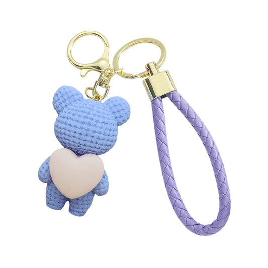 S.A.V.I Cute Purple Bear Keychain with Heart Charm | Resin Teddy Pendant (6cm) & Braided PU Leather Wrist Strap | Stylish Gold Key Ring for Girls, Women, Handbag, Car Accessories (Purple)
