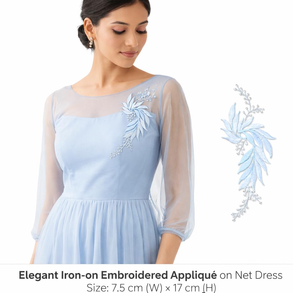 S.A.V.I Blue & Silver Floral Iron-On Embroidered Appliqué Patch 7.5 x 17 cm | Leaf Motif Threadwork Design for Dresses, Sarees, Blouses, DIY Fabric Craft (Right, Blue, 7.5 x 17 cm)