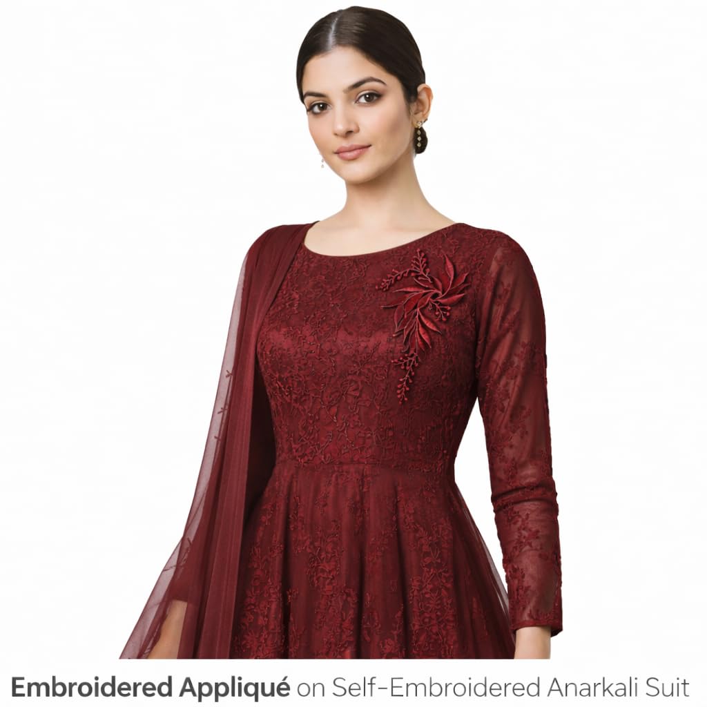S.A.V.I Burgundy & Silver Floral Iron-On Embroidered Appliqué Patch 7.5 x 17 cm | Leaf Motif Threadwork Design for Dresses, Sarees, Blouses & DIY Fabric Craft (Left, Burgundy, 7.5 x 17 cm)