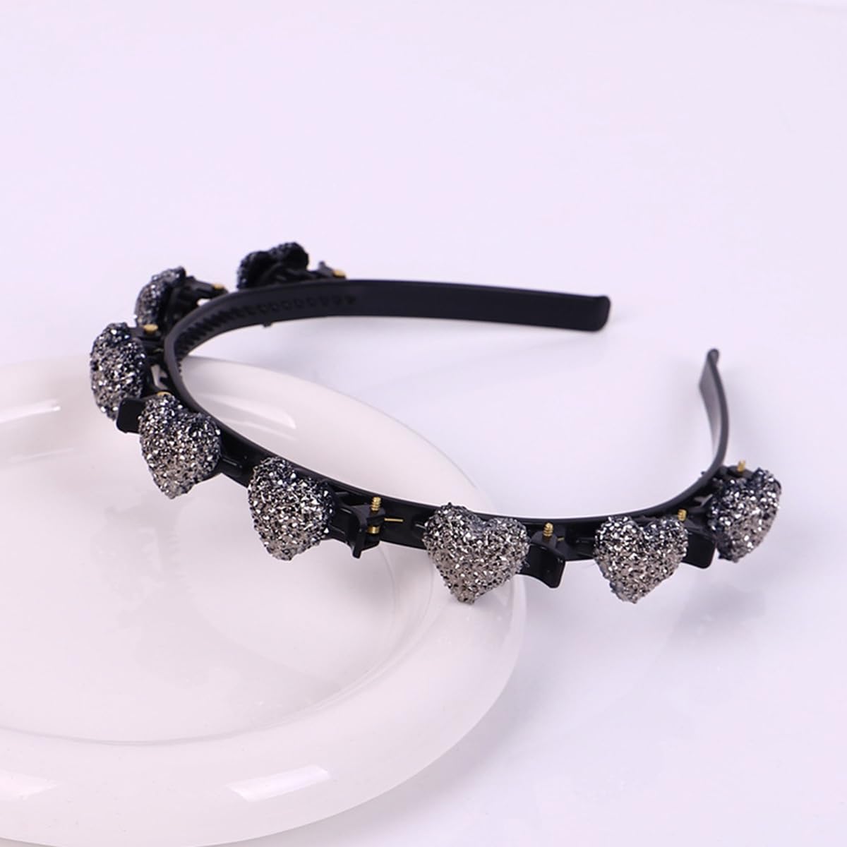 S.A.V.I Velvet Korean Style Hairband for Women – Black Headband with Silver Glitter Heart Design | Stylish Party Hair Accessory | Lightweight & Comfortable Fit