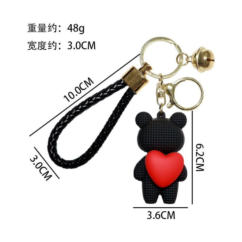 S.A.V.I Cute Black Bear Keychain with Heart Charm | Resin Mini Teddy Pendant 6cm | Braided PU Leather Wrist Strap | Lightweight Gold Key Ring for Girls, Women (Black)