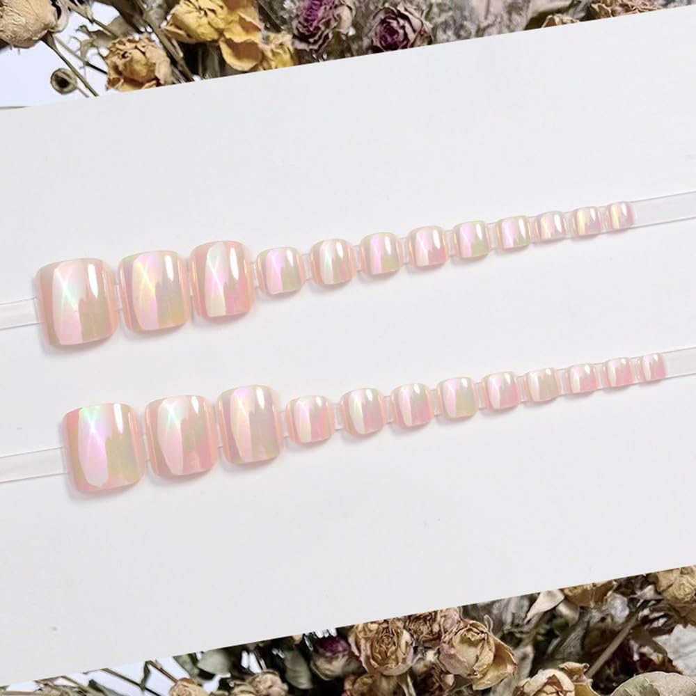 S.A.V.I 24 Pcs Aurora Mirror Effect Fake Toe Nails | Reusable Short Square Pedicure Nail Tips with Adhesive Tabs & Glue | Shiny Iridescent Pink Press On Nail Art Set for Women & Girls