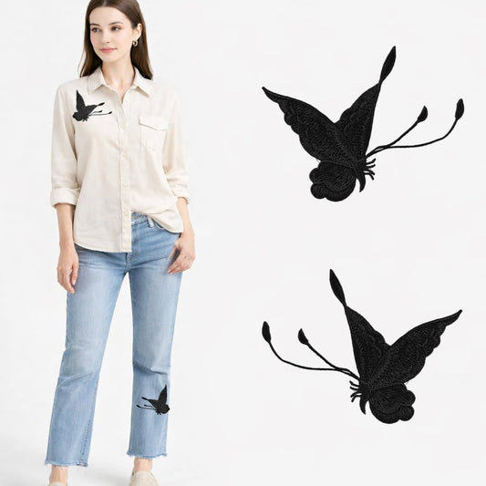 S.A.V.I Black Embroidered Butterfly Applique Patch Pair (Left & Right), Sew-On Fabric Motif 12.5 x 9.3 cm, Thread Work for Dresses, Shirts, Denim, DIY Fashion (Black)