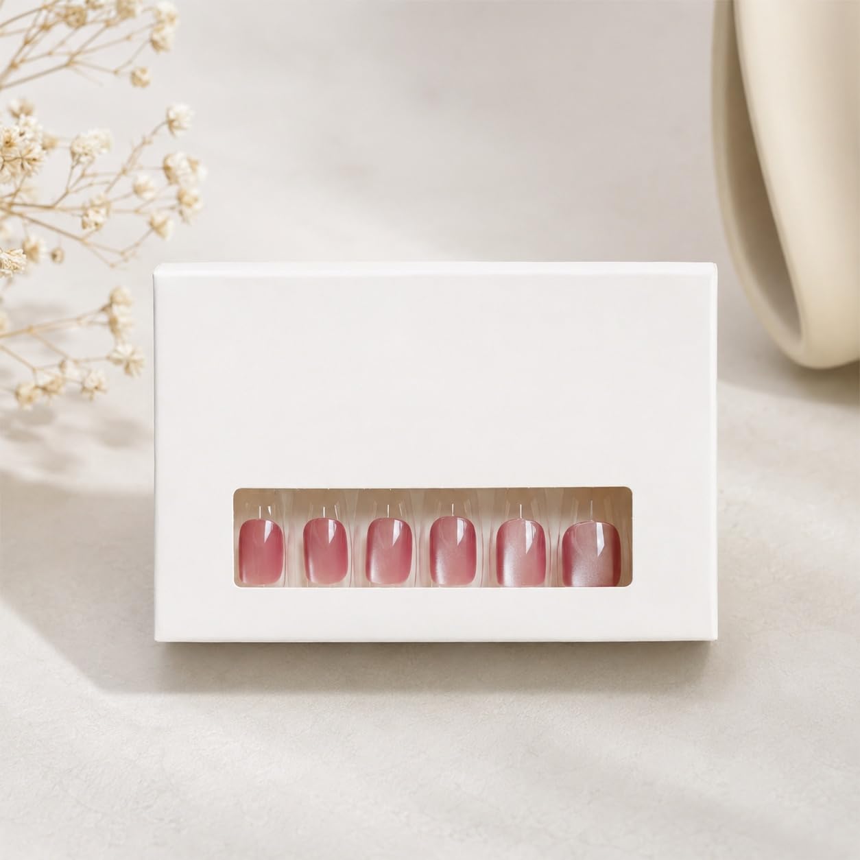 S.A.V.I Short Square Press on Nails Blush Rose Cat Eye Finish 24 Pcs