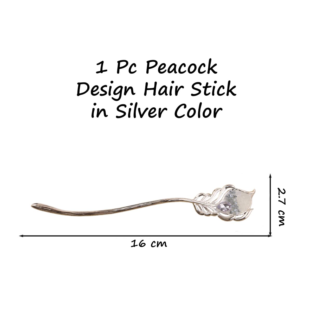 S.A.V.I Silver Peacock Feather Hair Stick for Women | Elegant 16cm Long Hair Pin with Crystal Detailing | Traditional Bun Holder & Party Hair Accessory (1 Pc, 2.7cm Width)