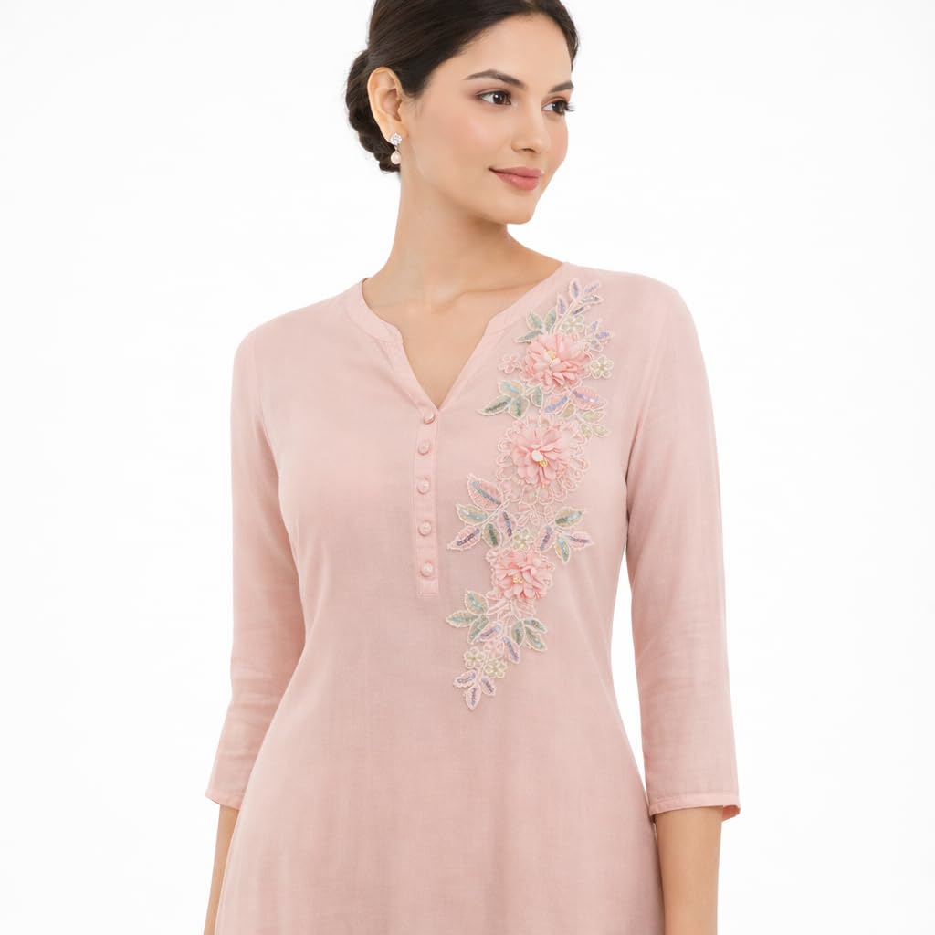 S.A.V.I Blush Pink Floral Embroidered Sew-On Appliqué Patch 11 x 35 cm | 3D Flower Sequin Net Fabric Motif for Saree Gown Kurti Blouse Decoration
