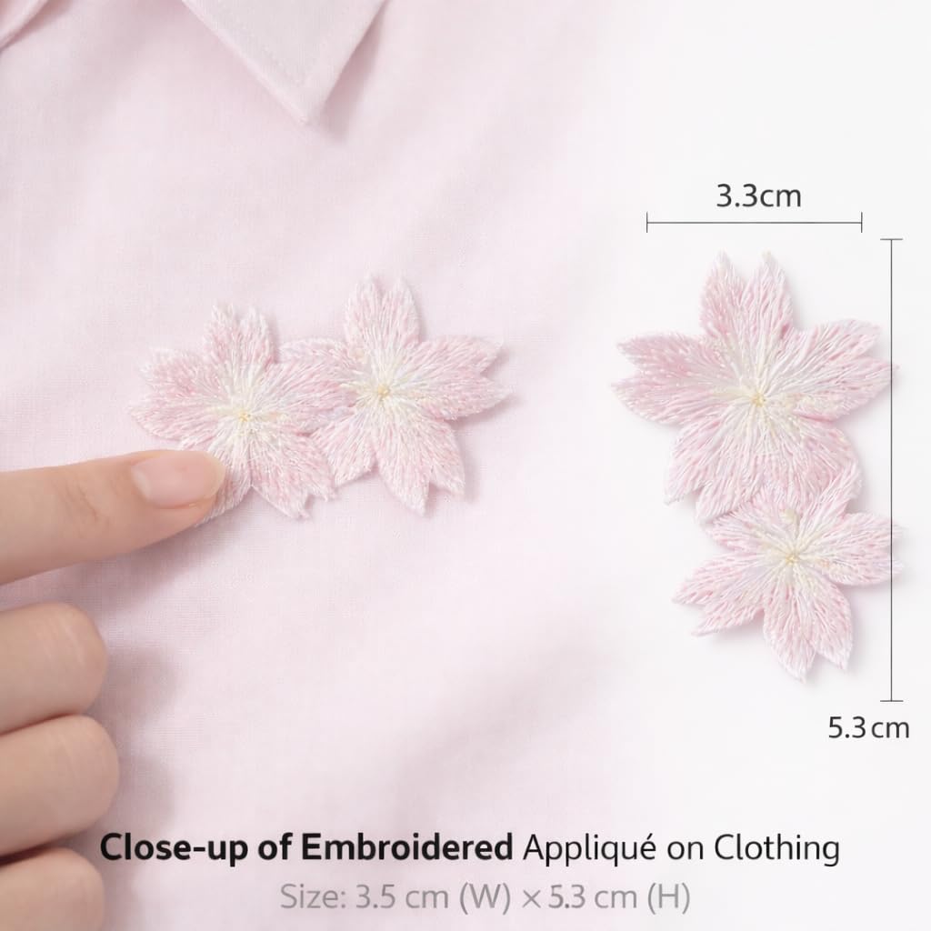 S.A.V.I Baby Pink Floral Embroidered Iron-On Appliqué Patch, Double Cherry Blossom Design, Soft Thread Work for Dresses, Blouses, Lehengas & DIY Crafts, 5.3 x 3.3 cm (Baby Pink)