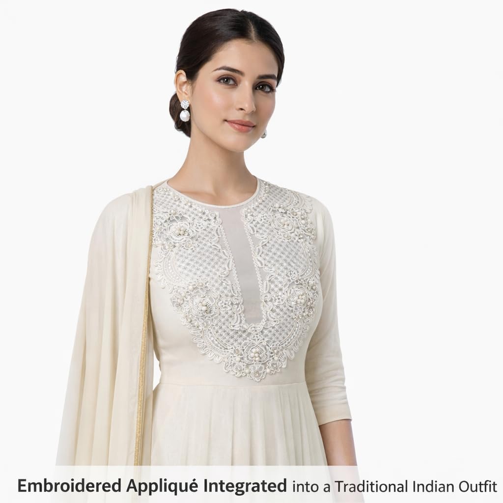 S.A.V.I Luxury White Embroidered Lace Appliqué Neckline (30 x 36 cm) with Pearl & Bead Floral Work | U-Shape Yoke Patch for Kurti, Gown, Saree Blouse & Designer Dresses (Pearl & Stones)