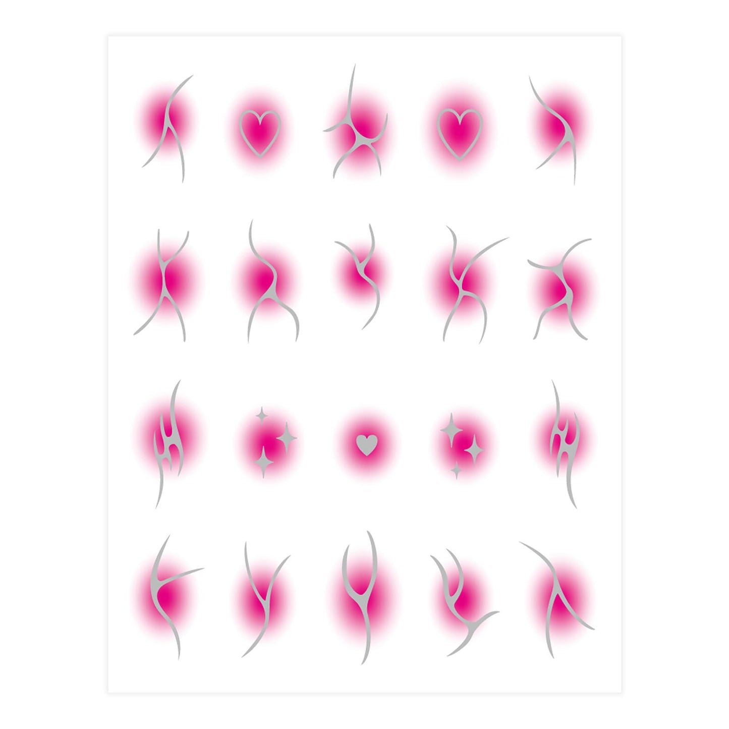 S.A.V.I 4 Sheets - 3D Self-Adhesive Nail Art Stickers | Blush Gradient with Metallic Silver Lines | Baby Pink, Hot Pink, Black & White | Heart & Abstract Designs