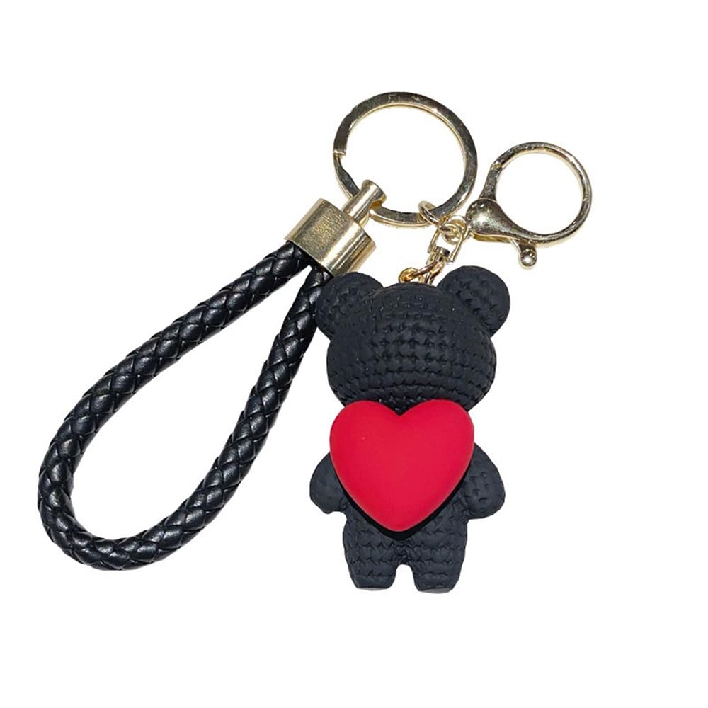 S.A.V.I Cute Black Bear Keychain with Heart Charm | Resin Mini Teddy Pendant 6cm | Braided PU Leather Wrist Strap | Lightweight Gold Key Ring for Girls, Women (Black)