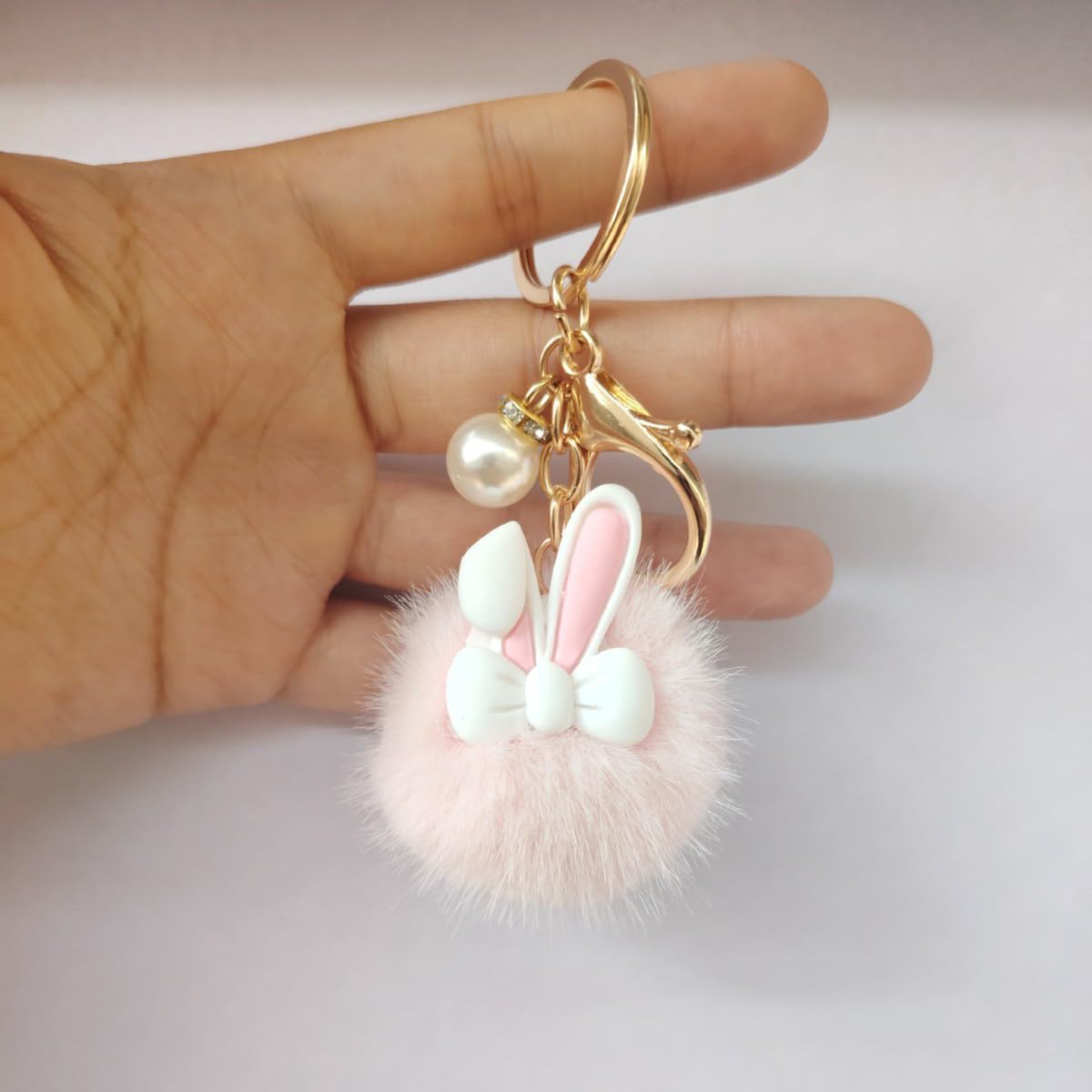 S.A.V.I Bunny Pom Pom Keychain 13 x 5 cm for Women & Girls, Fur Bag Charm, Soft Faux Fur, Pearl Accent, Gold-Tone Clasp, Pink, Kawaii Gift for Purse, Backpack & Car Keys, Lightweight Accessory