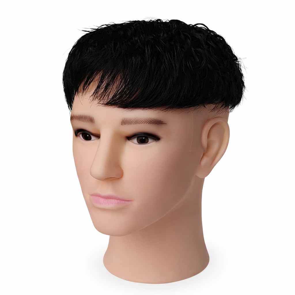 S.A.V.I Black 100% Human Hair Patch for Men – Glossy Wet Look Wavy Texture, Curved Crown Design, Clip-On Topper for Bald Spot Coverage, Breathable Base, Natural Scalp Seamless Fit for Men