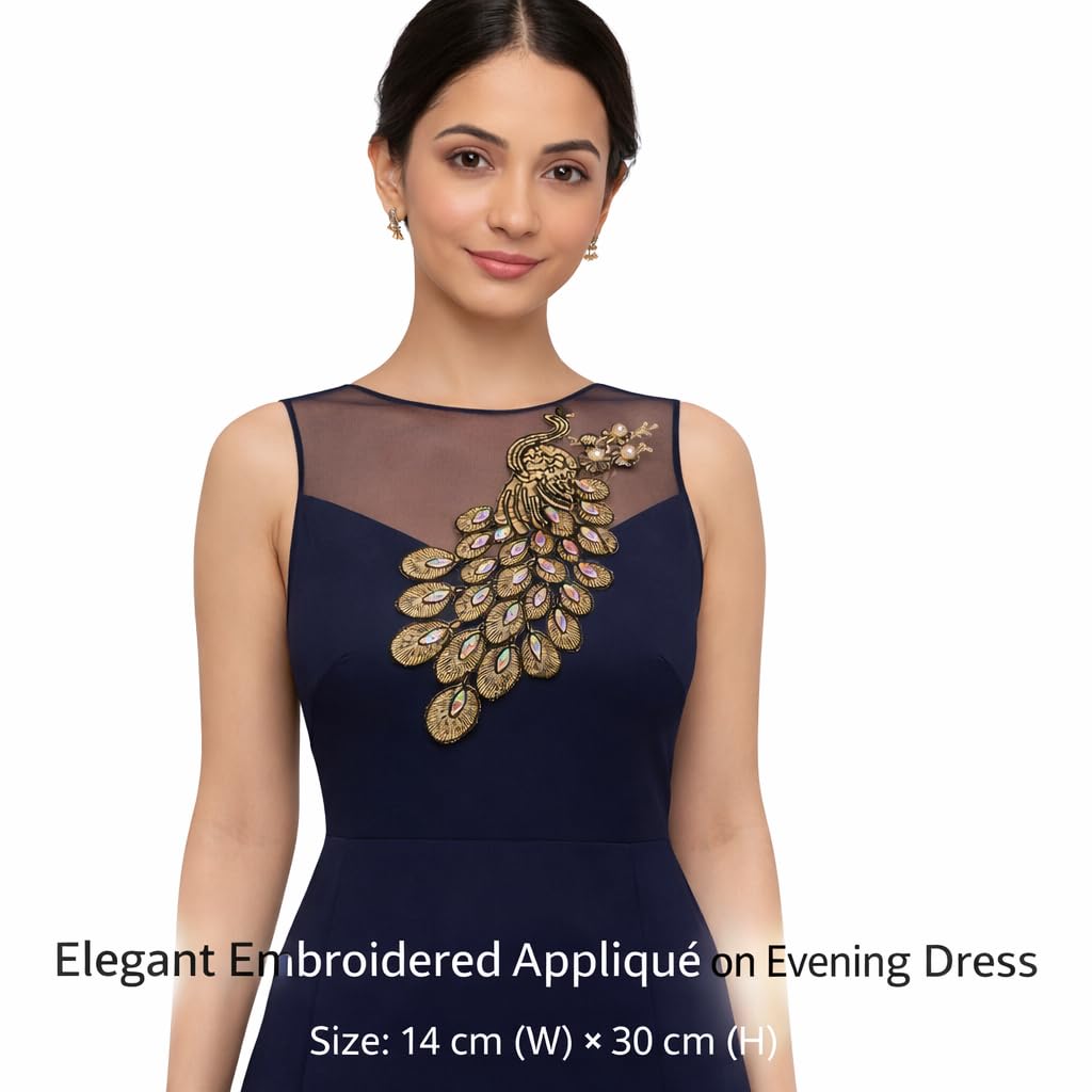 S.A.V.I Gold & Black Peacock Embroidered Sew-On Appliqué Patch 14x30 cm | Zardozi Threadwork with Crystal Stones | Designer Blouse Saree Kurti Gown Decoration (Right, Black & Gold, OneSize)