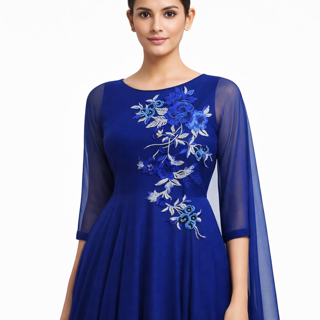 S.A.V.I Royal Blue Floral Lace Applique Patch 21 x 50 cm | Net Fabric Rose Design | Sew-On Embellishment for Saree, Gown, Lehenga & Blouse (Royal Blue)