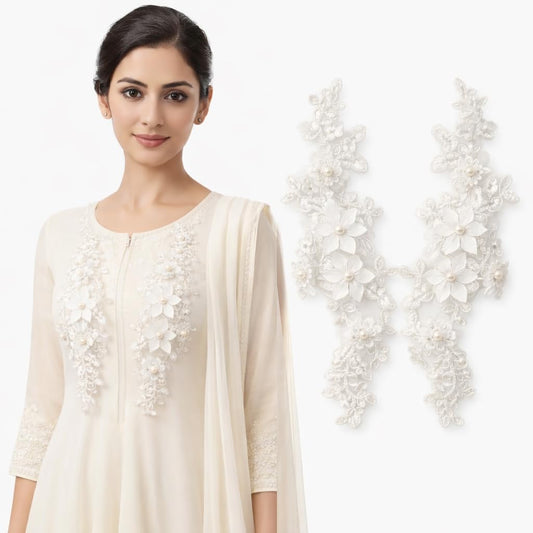 S.A.V.I White Floral Embroidered Lace Appliqué Pair 12 x 30 cm, Pearl Beaded 3D Neckline Patch on Premium Net Fabric for Sewing, Craft Decoration, Dresses, Blouses & Gowns (White Flowers)