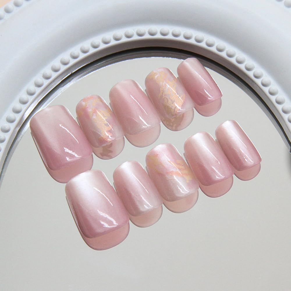 S.A.V.I 30 Pcs Pink Cat’s Eye Press-On Nails | Medium Coffin Shape Fake Nails with Marble Foil Design | Glossy Reusable Nail Tips for Women & Girls | With Adhesive Tabs & Nail Glue