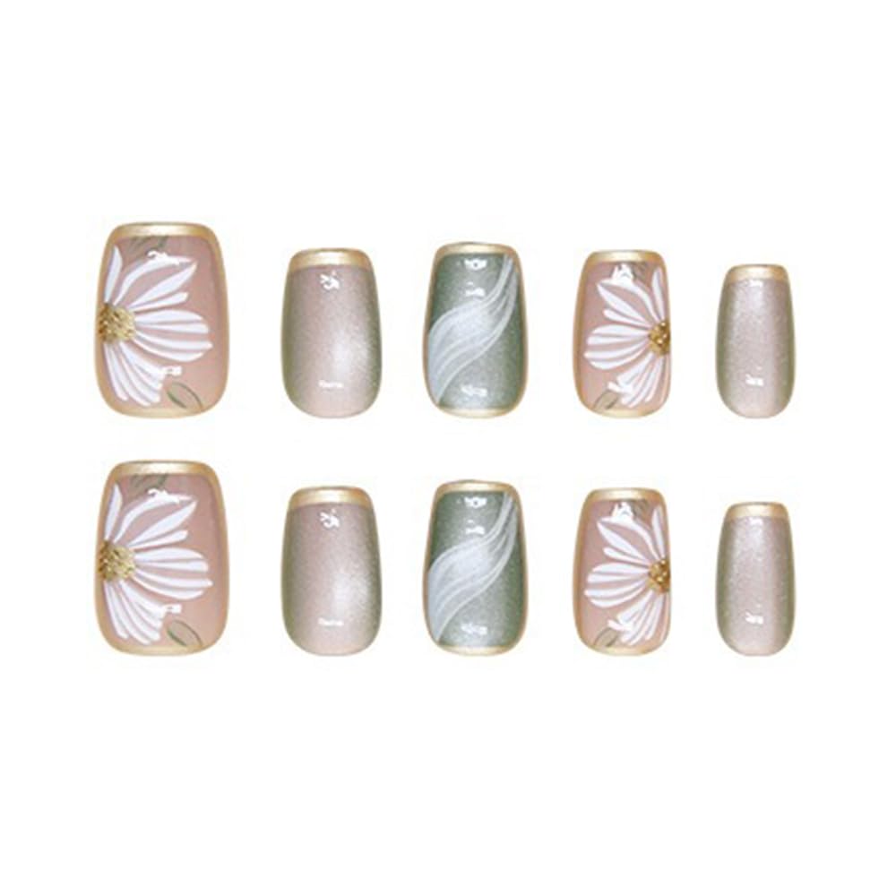 S.A.V.I 30 Pcs Medium Length Nude  Green Cat's Eye Fake Nails | Reusable Press-On Artificial Nails for Women  Girls | Natural Shape False Nails with Floral Print | Long-Lasting, Easy to Apply  Remove
