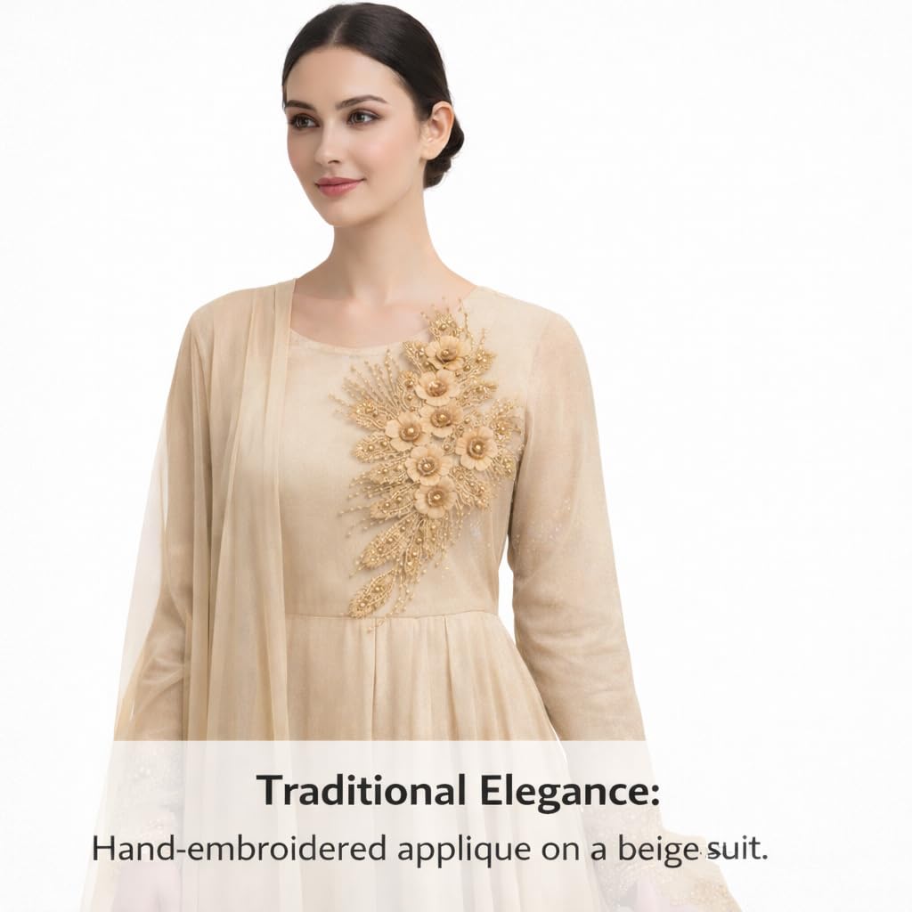 S.A.V.I 3D Gold Floral Embroidered Sew-On Applique Patch 29.9 x 38.8 cm | Beaded Sequin Mesh Motif for Bridal Lehenga Saree Blouse Gown & DIY Sewing Craft (Gold)