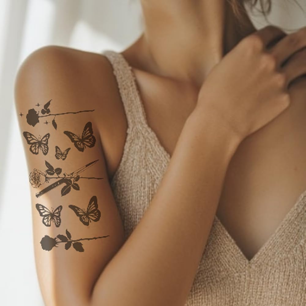 S.A.V.I 3 Black Butterfly Temporary Tattoo Sheets for Women & Girls – Waterproof Body Art Stickers (21x10cm) – Realistic Butterfly & Rose Designs, Safe, Non-Toxic, Easy to Apply & Remove