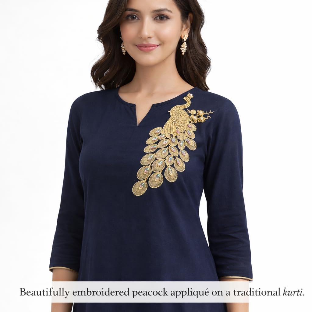 S.A.V.I Gold Peacock Embroidered Sew-On Applique 14 x 30 cm | Threadwork with Iridescent Stones | Designer Ethnic Motif for Saree, Blouse, Kurti & Gown (Right, Gold, OneSize)
