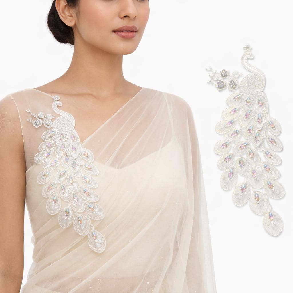 S.A.V.I White Peacock Embroidered Sew-On Applique Patch 14 x 30 cm with Crystal Stones, Net Fabric Motif for Saree, Blouse, Kurti & Gown Decoration (Left, White, OneSize)