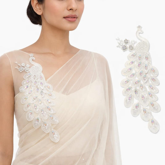 S.A.V.I White Peacock Embroidered Sew-On Applique Patch 14 x 30 cm with Crystal Stones, Net Fabric Motif for Saree, Blouse, Kurti & Gown Decoration (Left, White, OneSize)