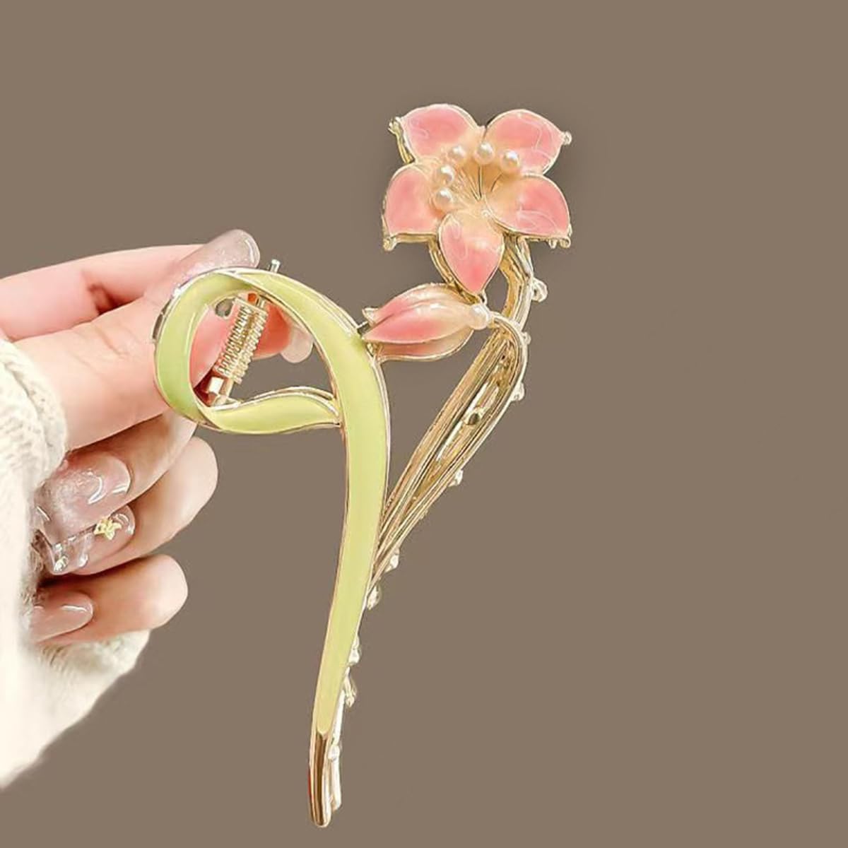 S.A.V.I Floral Hair Claw Clip for Women & Girls, Large 11 cm Strong Grip Clutcher, Green Pink Flower Design, Alloy Resin Hair Accessory for Daily, Party Styling