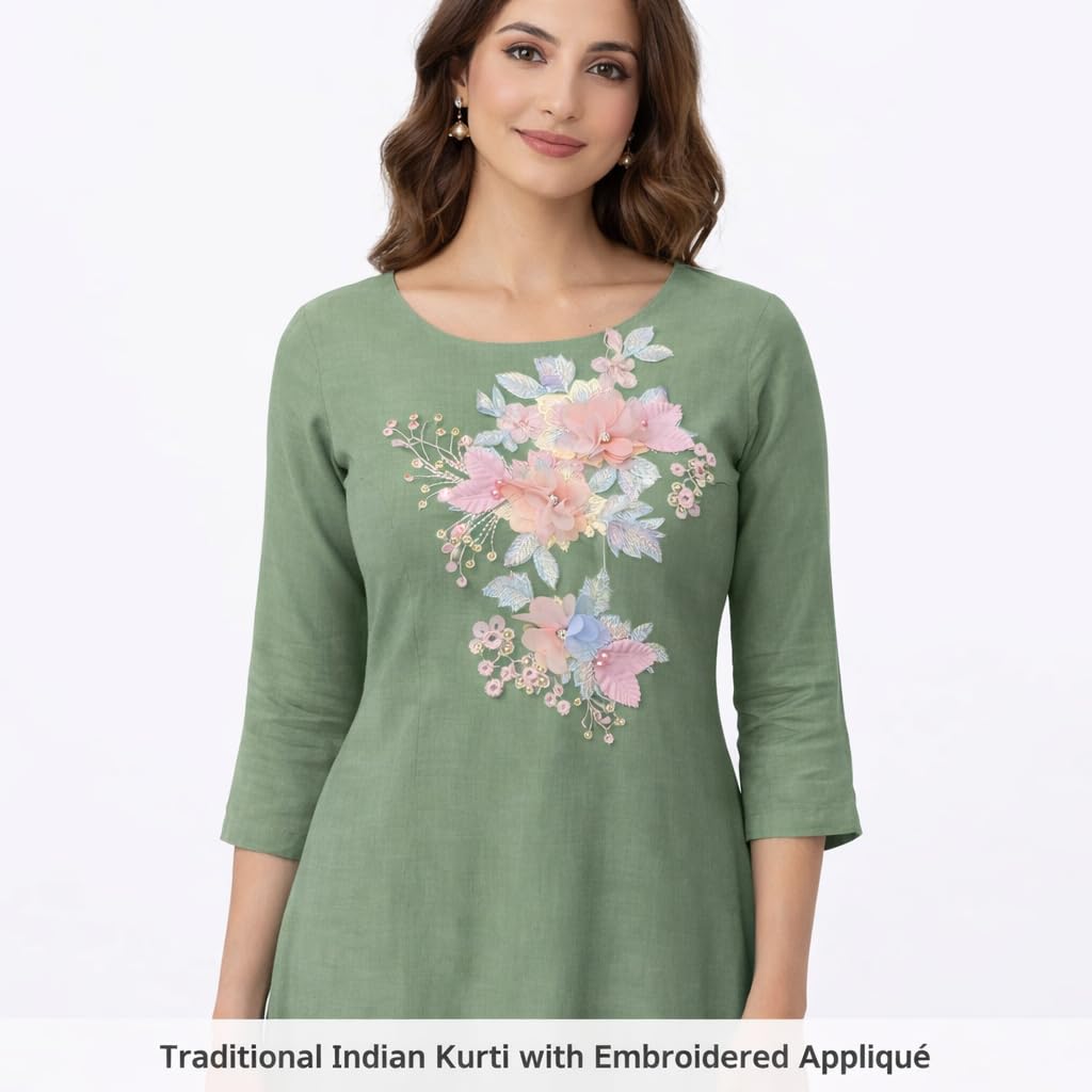 S.A.V.I Pastel Pink & Blue 3D Floral Embroidered Sew-On Appliqué Patch 37x37 cm, Net Fabric with Pearl & Bead Work for Kurti, Gown, Saree & Blouse Decoration (Left)