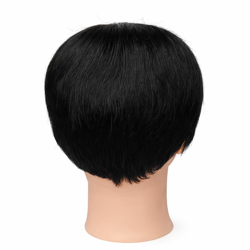 S.A.V.I Men’s Black 100% Human Hair Pixie Wig – Realistic Scalp, Natural Straight Layered Boy Cut, Soft Lightweight Full Headpiece for Daily, Office, Parties