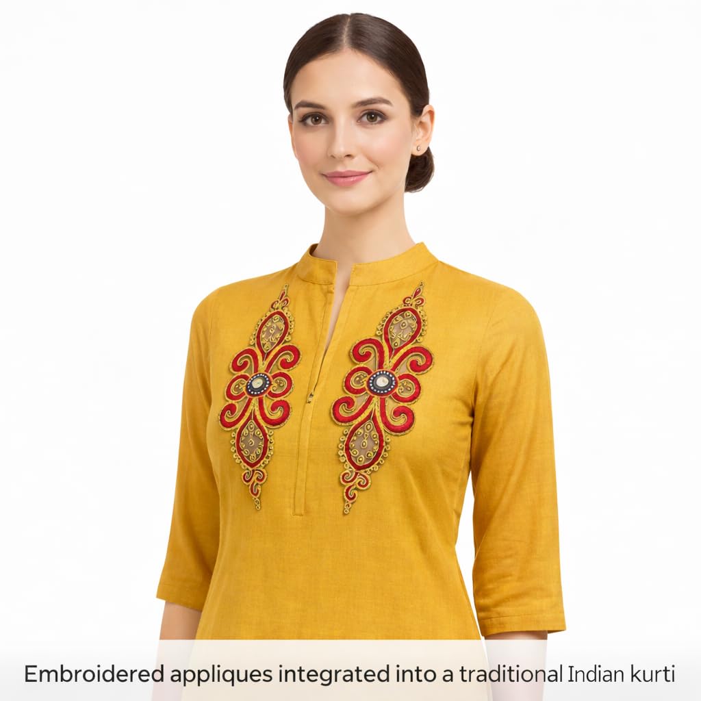 S.A.V.I Pair of Red & Gold Embroidered Sew-On Appliqué (11 x 35 cm), Floral Paisley Zari Beads Stone Work, Designer Craft Patch for Kurti, Gown, Blouse & Ethnic Wear (Red-Gold)
