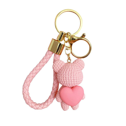 S.A.V.I Cute Pink Bear Keychain with Heart Charm | Resin Mini Teddy Pendant 6cm | Braided PU Leather Wrist Strap | Lightweight Gold Key Ring for Girls, Women (Pink)