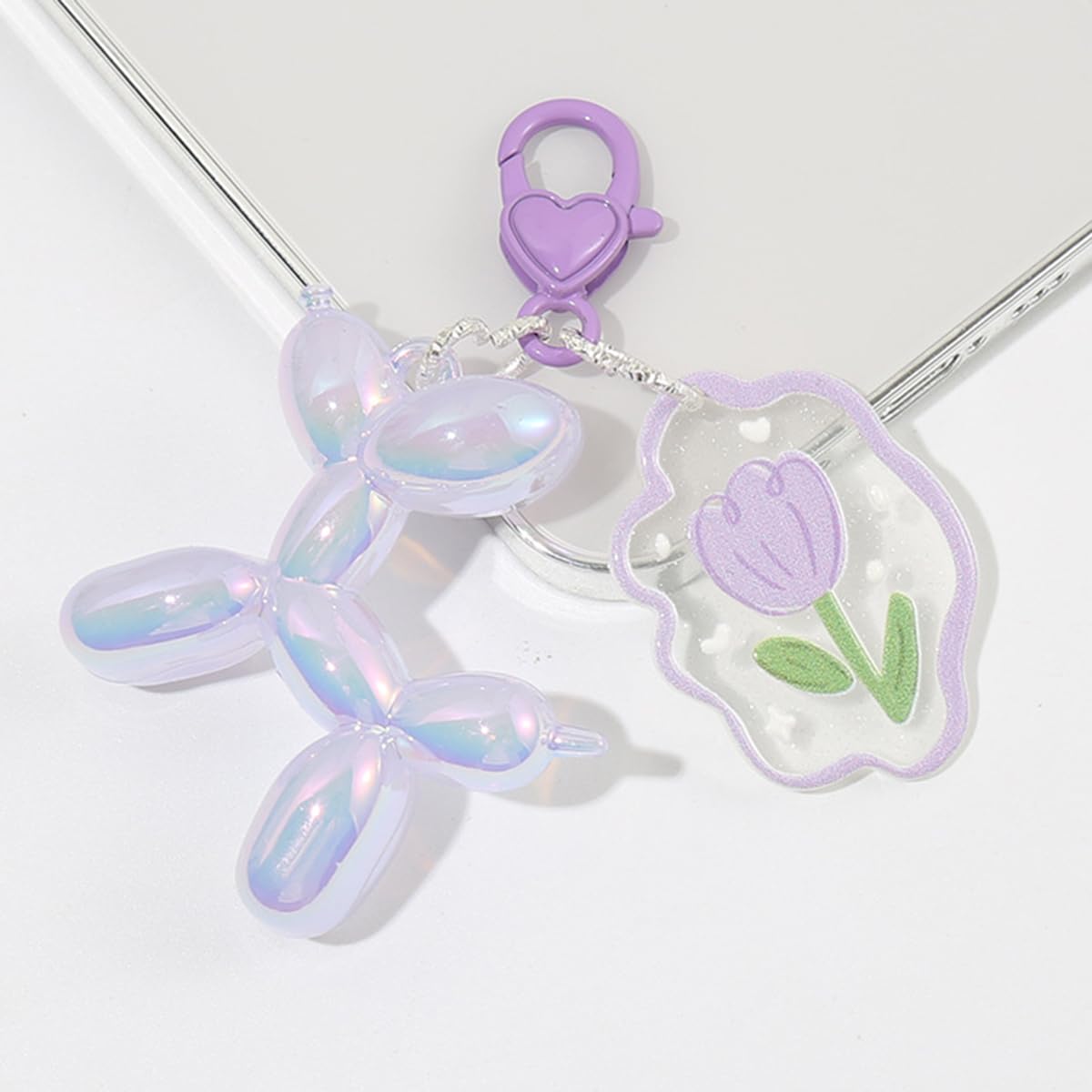 S.A.V.I Balloon Dog Keychain Resin Bag Charm Purple Pendant, Aurora Finish, 5.2 x 4.7 cm, Lightweight Accessory for Bags & Keys, Heart Clasp with Floral Charm, Gift for Girls & Women