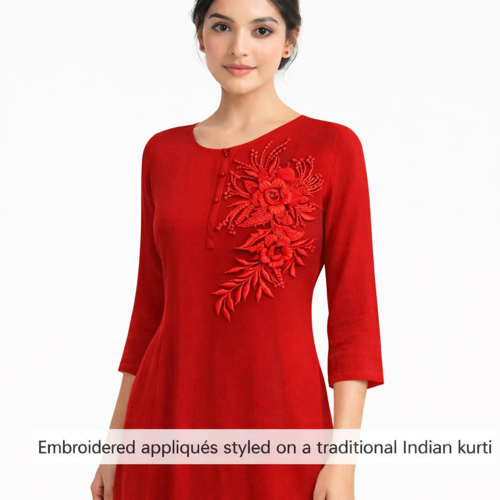 S.A.V.I Red Floral Embroidered Appliqué Sew On Patch, 3D Rose Design on Mesh Fabric, 12 x 21.5 cm Decorative Craft & Garment Embellishment for Dress, Kurti, Blouse
