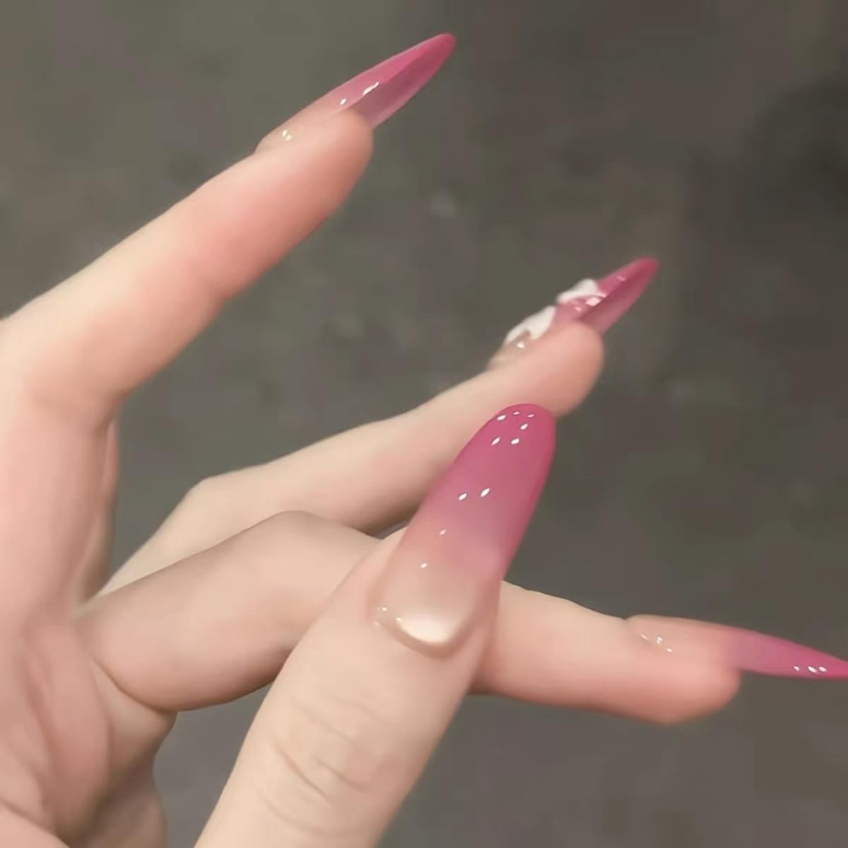 S.A.V.I 30 Pcs Long Almond Press On Nails, Pink Gradient Cat Eye Glossy Finish, 3D Floral Acrylic False Nails, Reusable Artificial Nails with Glue & Adhesive Tabs
