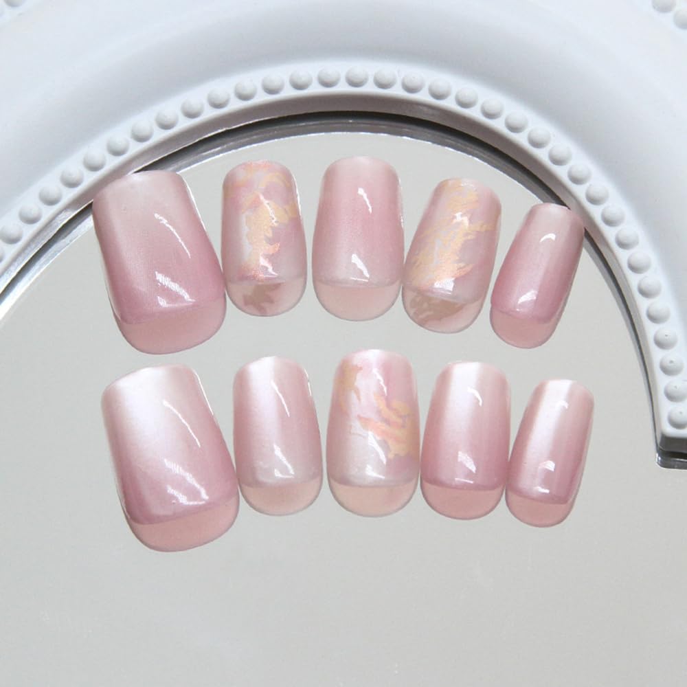 S.A.V.I 30 Pcs Pink Cat’s Eye Press-On Nails | Medium Coffin Shape Fake Nails with Marble Foil Design | Glossy Reusable Nail Tips for Women & Girls | With Adhesive Tabs & Nail Glue