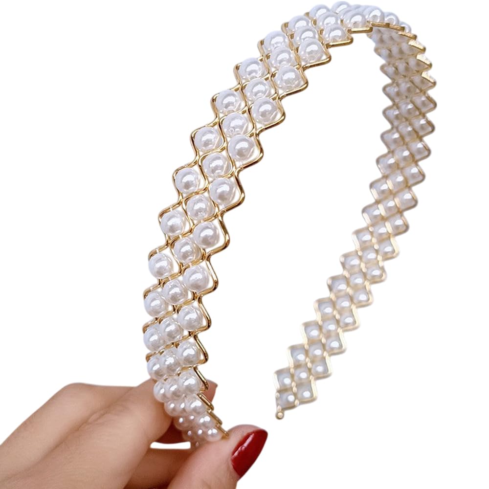 S.A.V.I Gold Plated Pearl Headband for Women & Girls | 14cm Elegant White Faux Pearl Hairband | Stylish Zigzag Metal Design | Party, Wedding, Ethnic Hair Accessory
