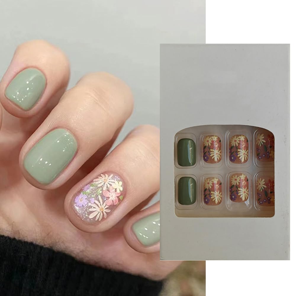 S.A.V.I 24 Pcs Short Natural Nude  Green Floral Press On Nails | Reusable DIY Fake Nails for Women  Girls | Long-Lasting False Nails with Adhesive Tabs  Glue | Easy to Apply Artificial Nails Set