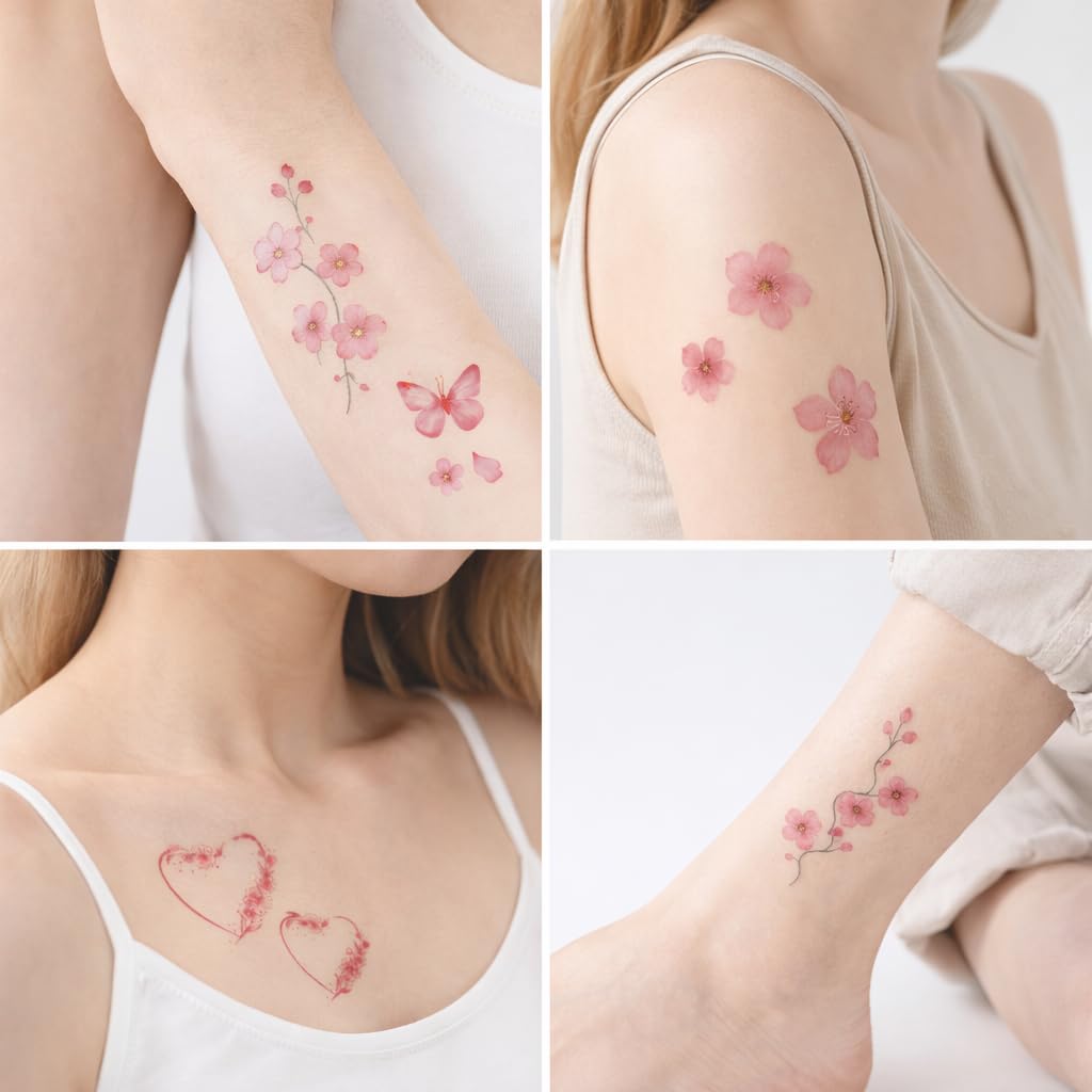 S.A.V.I 30 Sheets Pink Cherry Blossom Temporary Tattoos for Women & Girls | Waterproof Floral Body Stickers 5.7 x 9.7 cm | Cute Flower, Heart & Butterfly Designs | Safe Non-Toxic Skin Art (#321)