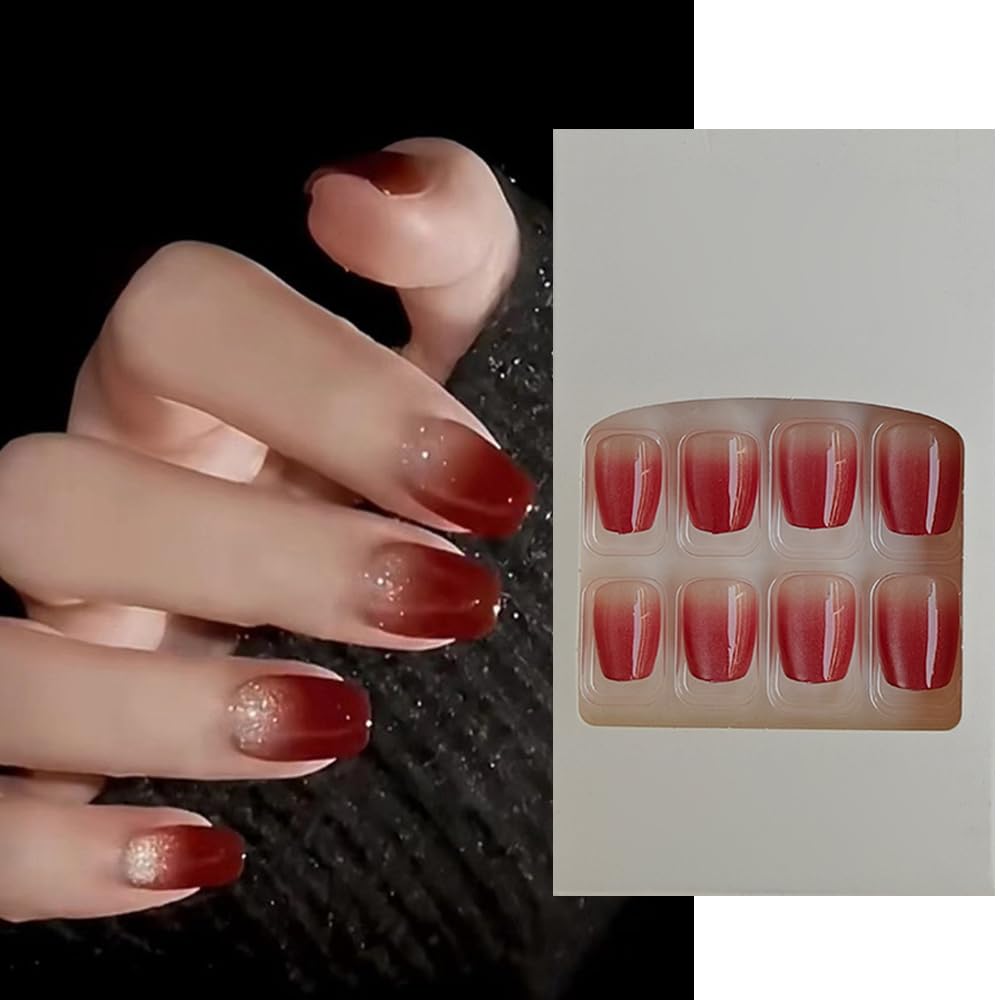 S.A.V.I 24 PCS Short Square Coffin Shape Gradient Nude  Wine Red Fake Nails | Durable DIY Press-On False Nail Set for Women  Girls | Natural, Comfortable  Reusable