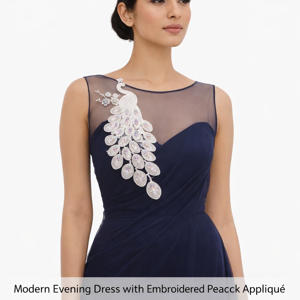 S.A.V.I White Peacock Embroidered Sew-On Applique Patch 14 x 30 cm with Crystal Stones, Net Fabric Motif for Saree, Blouse, Kurti & Gown Decoration (Left, White, OneSize)