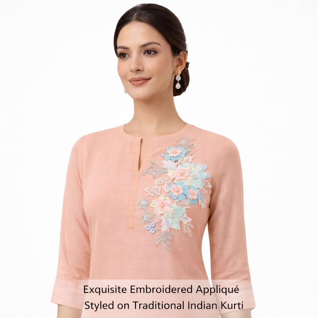 S.A.V.I Pastel Blue & Peach Floral Embroidered Sew-On Appliqué Patch 25 x 16.5 cm with Pearl & Thread Work | Fabric Motif for Saree, Kurti, Gown & Dress Designing