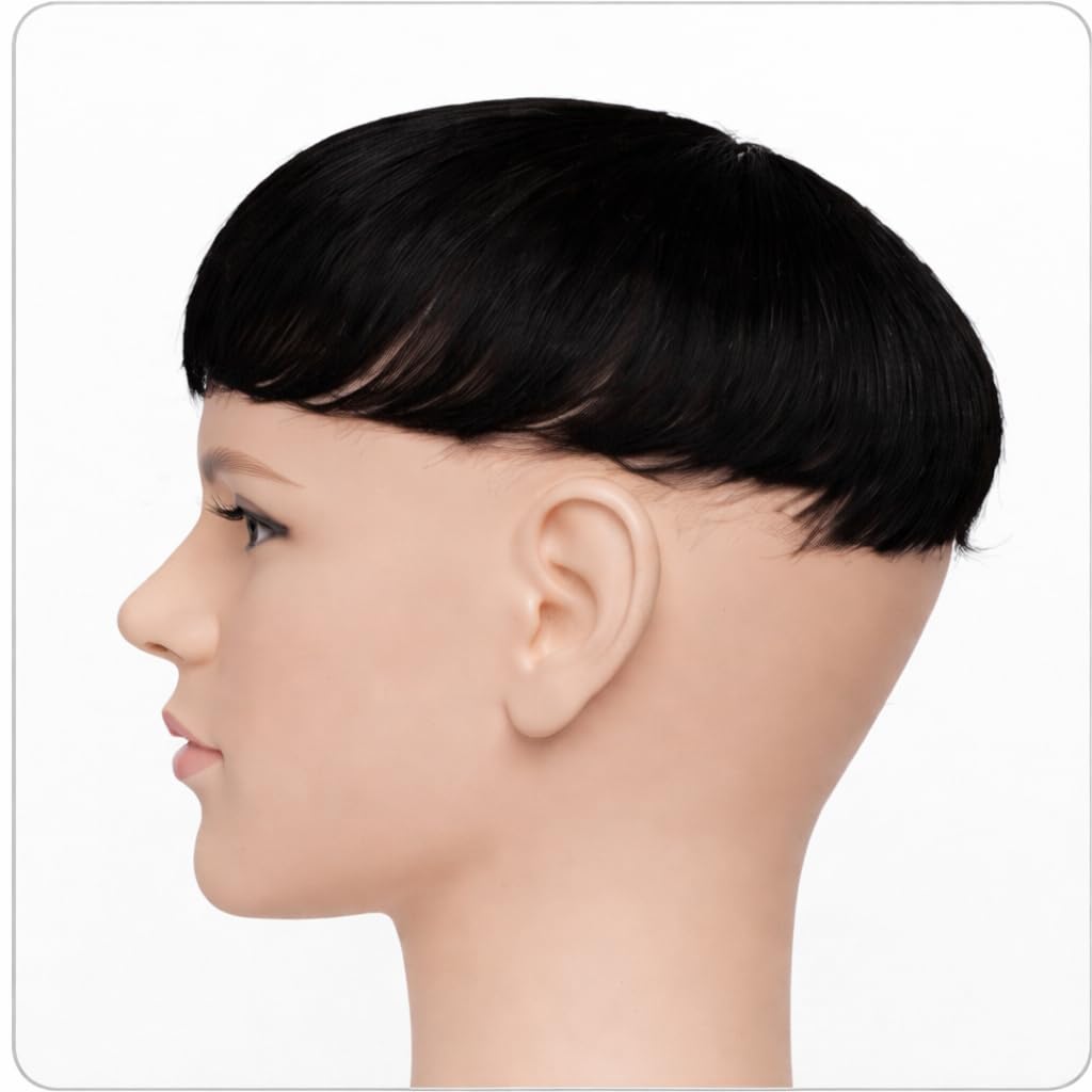 S.A.V.I Black 100% Human Hair Short Bowl Cut Wig for Men with Bangs & Undercut | Natural Straight Clip-In Topper | Breathable, Lightweight, Realistic Scalp Finish